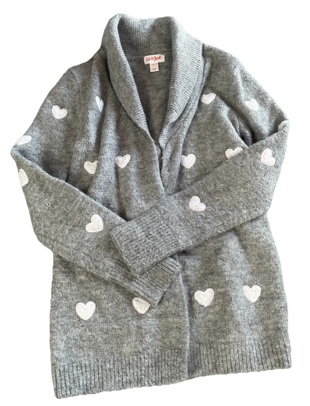 Cat & Jack Cardigan Sweater Girls Size Large 10-12 Open Gray Fleece Heart Dots